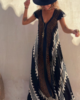 Damen-Maxikleid in A-Linie mit Ethno-Print – Schwarz