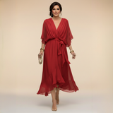 Cindy | Damen Chiffonkleid V-Ausschnitt – Chiffon Kleid V-Neck Elegant 2026 – Rot