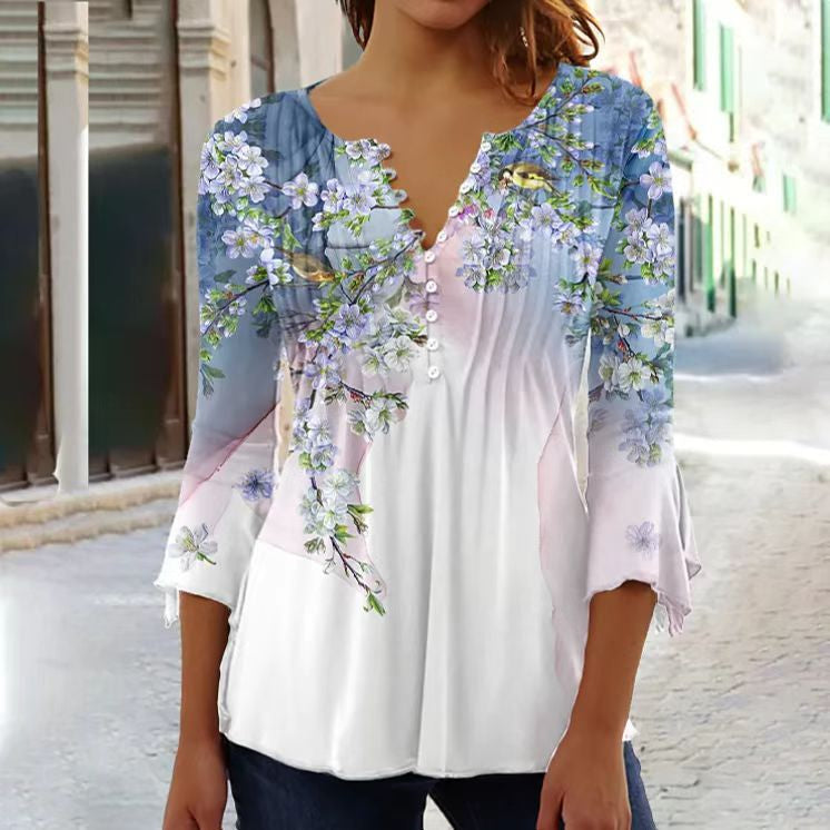 Damen V-Ausschnitt Blumendruck Bluse | 3/4 Ärmel