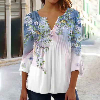 Damen V-Ausschnitt Blumendruck Bluse | 3/4 Ärmel