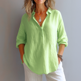 Damen V-Ausschnitt Langarm Leinen Bluse – Grun