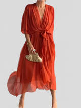 Damen Kleid Mit V Ausschnitt Und Wickelstil – Orange