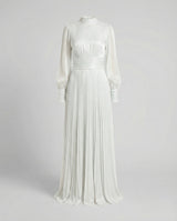 Damen Maxikleid mit Falten und langen Ärmeln – Weiß