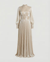 Damen Maxikleid mit Falten und langen Ärmeln – Aprikose
