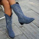 Adaeze | Damen Westernstiefel mit weitem Schaft und Blockabsatz – Marineblau