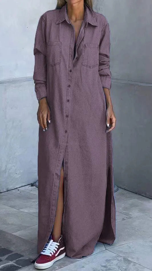 Vallina – Langärmliges Kleid aus Denim Mit Reverskragen