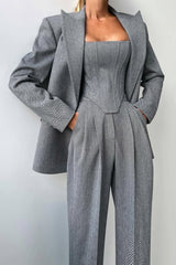 Elena | Elegantes Dreiteiliges Zweireiher-Blazer-Set Für Damen – Grau