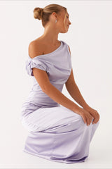 Damen Einfarbiges Maxikleid Mit Asymmetrischem Ausschnitt – Abendkleid – Lila