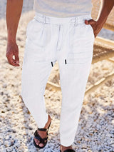 Herren Weit Geschnittene Leinenhose – Freizeit Sommerhose Mit Kordelzug – Weiß