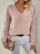 Emily | Eleganter Damen V-Ausschnitt Strickpullover Mit Lochmuster-Ärmeln – Blau