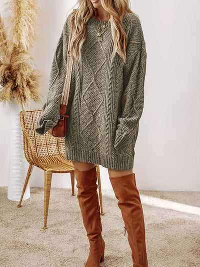 Damen Zopfmusterkleid | Lockeres Langarmkleid