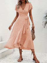 Hannah | V-Ausschnitt Wickel Kleid Rüschen – Orange-Rosa