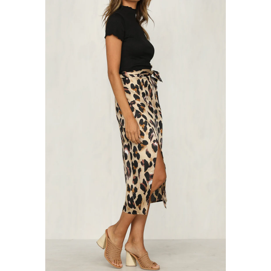 Damen Midi-Sommerrock mit Leopardenprint und Schlitz