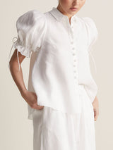 Damen Bluse Mit Puffärmeln Und Kordelzug Kurzarm Mit Knöpfen – Elegantes Top – Weiß