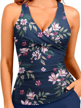 Damen V Ausschnitt Blaues Badeanzug Set – Marineblau Geblümt