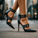 Damen Gothic-Stil Nieten Schnallen High Heels – Auffällige Stiletto Schuhe – Schwarz
