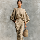 Set aus Batwing-Oberteil und Maxirock aus Leinenmischung für Damen – Khaki
