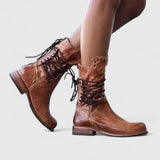 Rebecca | Vintage kniehohe Stiefel mit Schnürung und Nieten – Braun