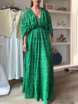 Damen V-Ausschnitt Oversize Maxi Spitzenkleid Mit Geraffter Taille – Elegantes Fließendes Kleid – Grün