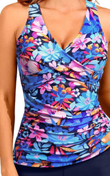 Damen V Ausschnitt Blaues Badeanzug Set – Bunt Geblümt