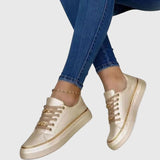 Anna | Damen Frühlings Lässige Samt Schnürsneaker – Gold