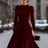 Damen-Midi-Kleid aus marineblauem Samt mit langen Ärmeln – Burgunderrot