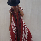 Damen-Maxikleid in A-Linie mit Ethno-Print – Weinrot