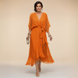 Elegantes, ausgestelltes Chiffon-Midikleid mit V-Ausschnitt und Gürtel für Damen – Perfektes Kleid für Hochzeitsgäste – Orange