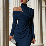 Asymmetrisches, drapiertes Abendkleid mit einer Schulter für Damen – Marineblau
