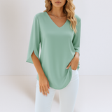 Damen Leichte Bluse Mit V Ausschnitt Und Langarm – Grun