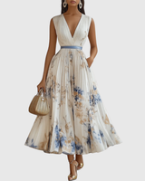 Isabella | Damen Ärmelloses Geplissiertes Blumen Midi Kleid – Weiß