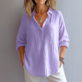 Damen V-Ausschnitt Langarm Leinen Bluse – Lila
