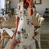 Damen-Maxikleid mit Blumenmuster und V-Ausschnitt – Weiß