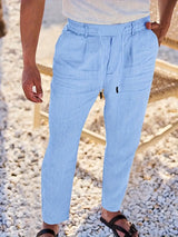 Herren Weit Geschnittene Leinenhose – Freizeit Sommerhose Mit Kordelzug – Blau
