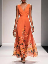 Carolin | Damen Florales Chiffon Sommer Maxikleid – Orange