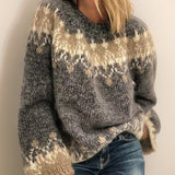 Lara | Eleganter Damen Jacquard-Strickpullover Mit Nordischem Islandmuster – Hellgrau