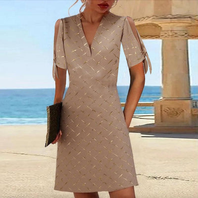 VALE | Trendy Mini Brown Dress with V-Neck and Short Sleeves