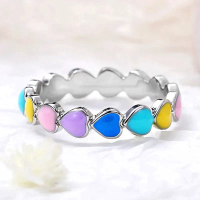 Regenbogenherzen Ring aus 925 Sterling Silber und handbemaltem Emaille