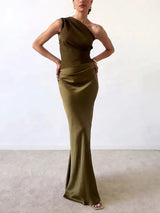 Maxikleid Damen | One-Shoulder-Design & Figurbetonter Satin-Schnitt – Dunkelgrün
