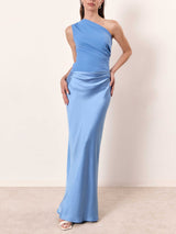 Maxikleid Damen | One-Shoulder-Design & Figurbetonter Satin-Schnitt – Blau