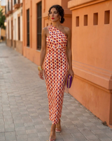 Asymmetrisches One-Shoulder Midikleid Damen Sommer – Rotorange