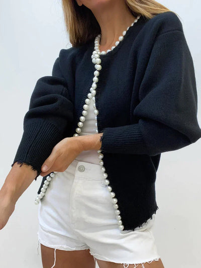 Paula - Strickjacke mit Perlenbesatz und geripptem Saum-PEARL