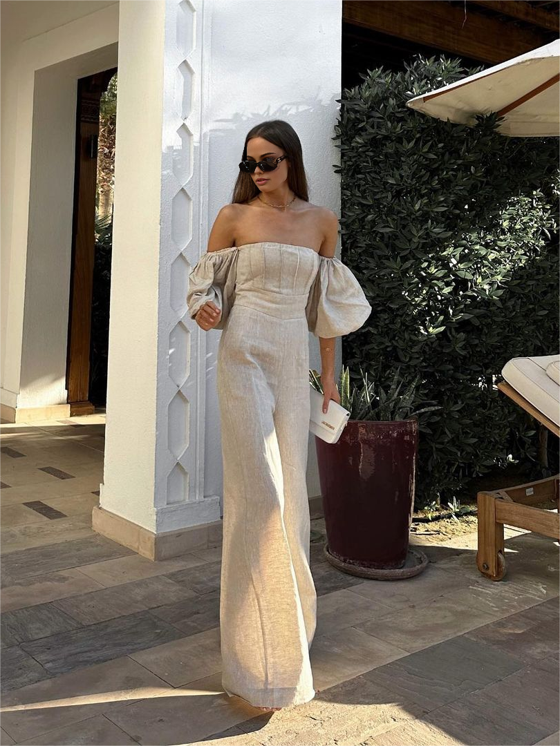 Atmungsaktiver Leinen-Mix Jumpsuit mit Puffärmeln – Elegante Damenmode