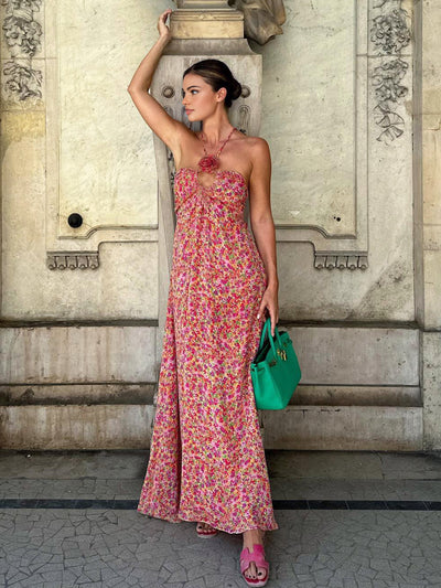 Emine - Boho Floral Print Rosetten Dekor Halter Langes Kleid