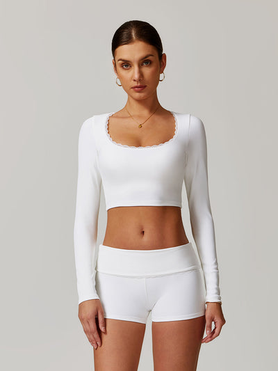 Damen Crop Top mit eckigem Ausschnitt & Rüschen – Slim Fit