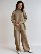 Damen Turtleneck Lounge Set mit Weitbein-Hosen – Beige