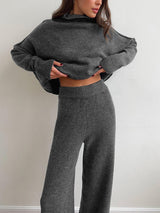 Damen Turtleneck Lounge Set mit Weitbein-Hosen – Grau