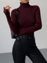 Jennifer | Damen Frühlings Stilvoller Gerippter Rollkragenpullover – Burgunderrot