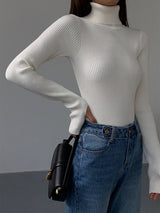 Jennifer | Damen Frühlings Stilvoller Gerippter Rollkragenpullover – Weiß
