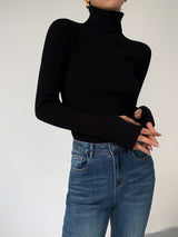 Jennifer | Damen Frühlings Stilvoller Gerippter Rollkragenpullover – Schwarz
